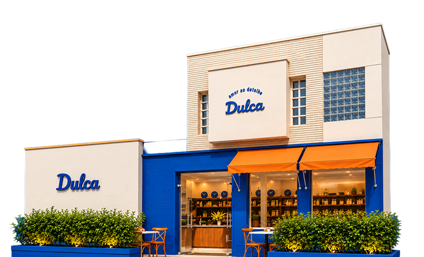 Fachada de uma loja Dulca com toldos laranja